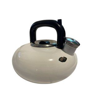 Vintage Sam Lebowitz Design Copco Engine White Enam Whistling Tea Kettle And Lid